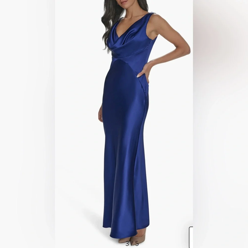 Vince Camuto Royal Blue Satin Maxi Dress Draped neck - Picture 3 of 4
